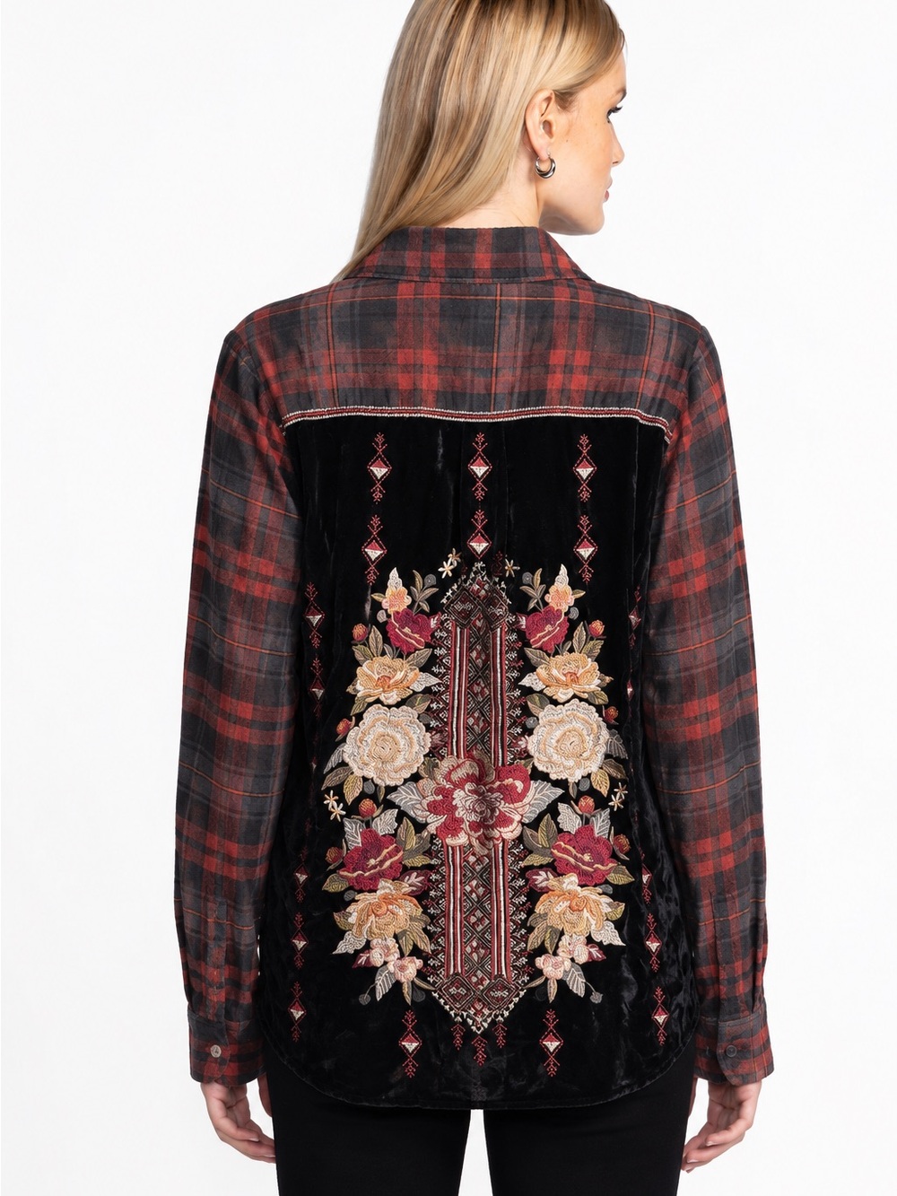 Johnny Was Artemis Velvet Embroidered Black Plaid Button Up Shirt Flannel Small